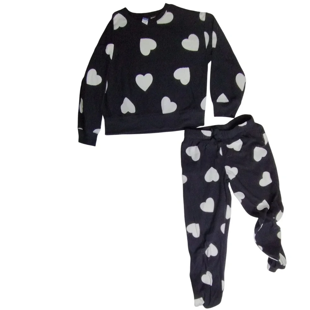 Old Navy Girls M Hearts Black Pajama‎ Set Matching Top & Bottoms Kid's Medium